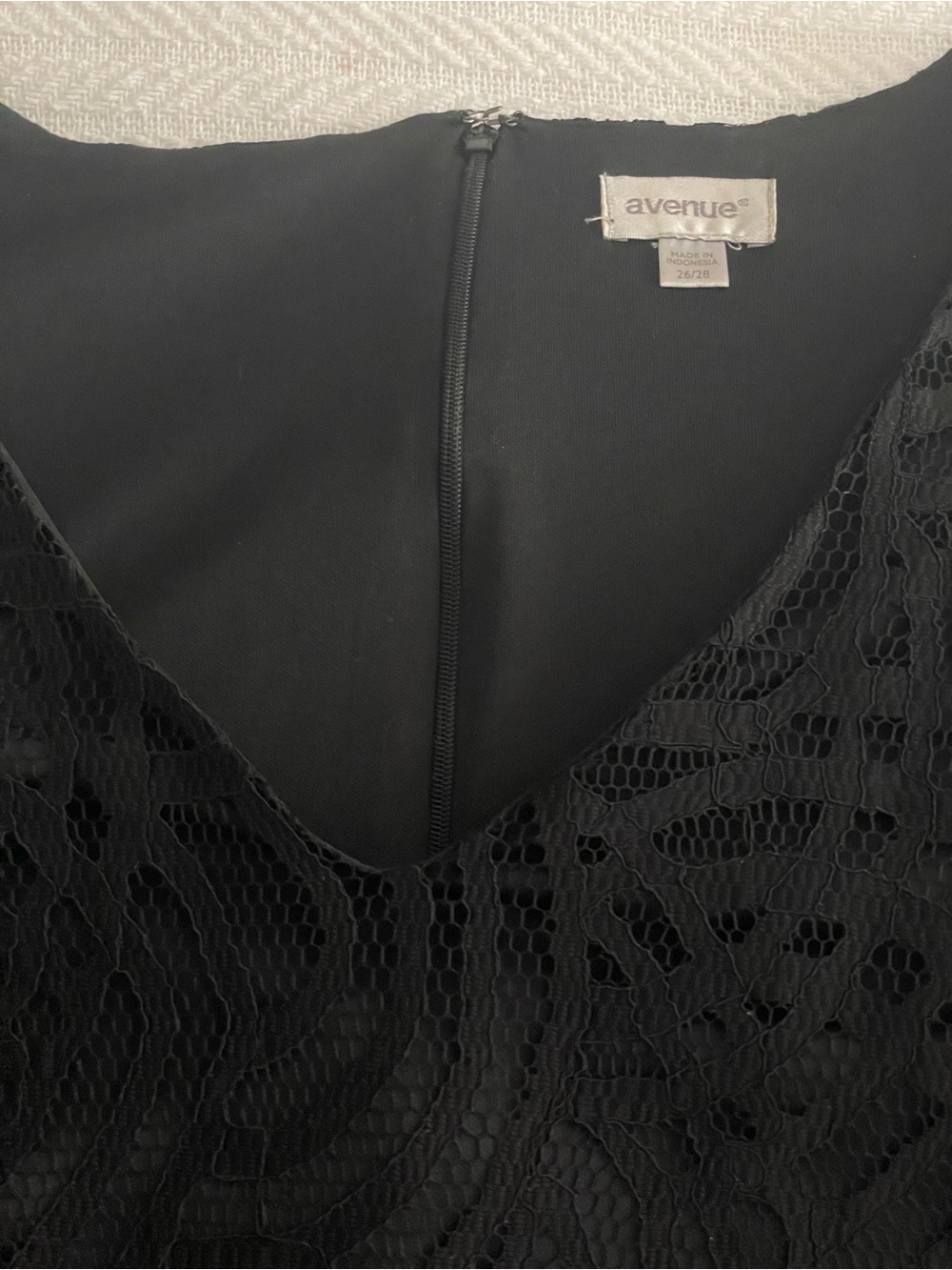 Black Lace V-Neck Dress with asymmetrical bottom and lace sleeves. 4X, 26/28W - Picture 3 of 10